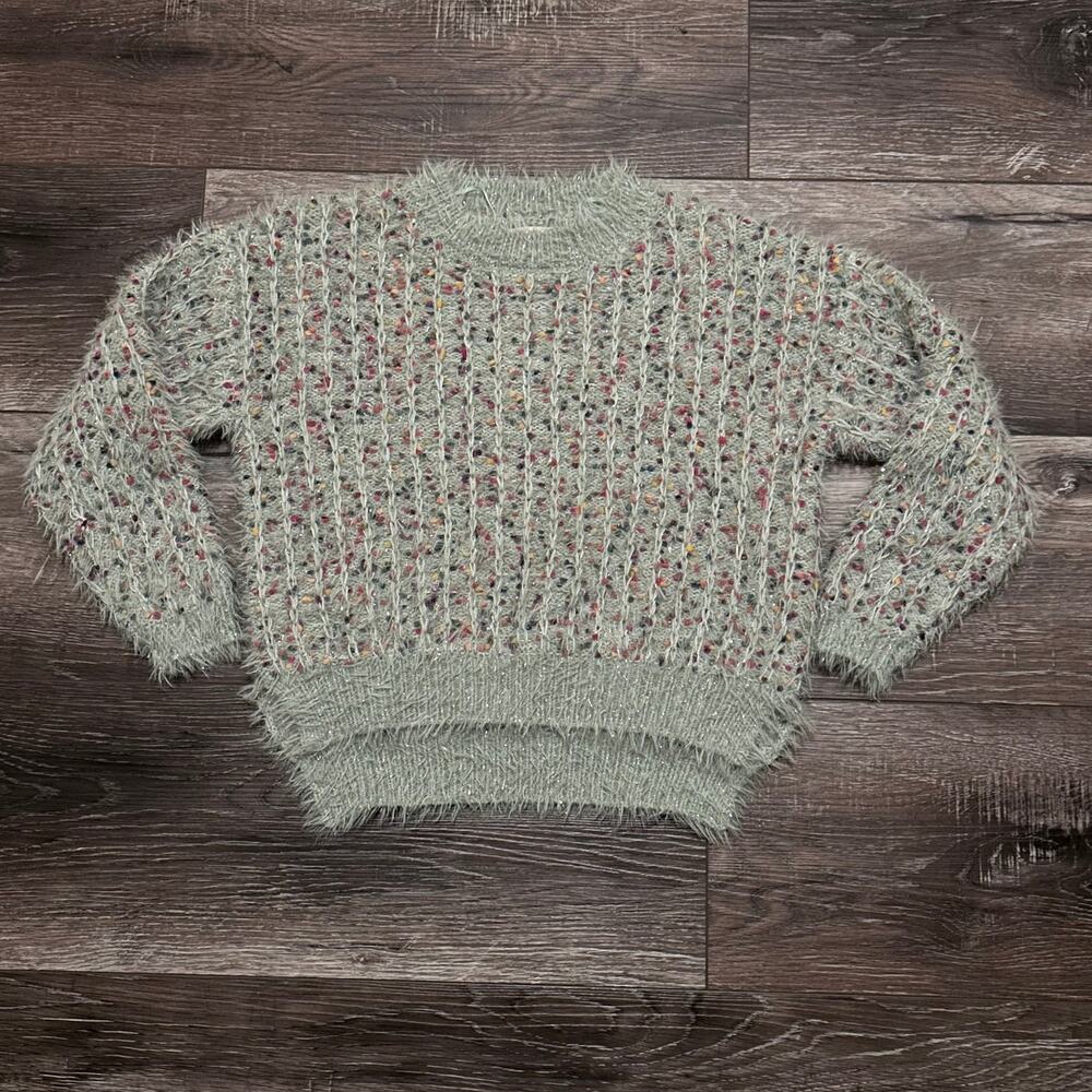 L’Ayard Women’s Small Fuzzy Eyelash Knit Sweater Green Speckled Cozy-core